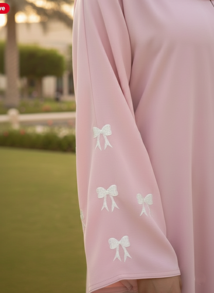 Pink Nida Abaya with Embroidered Sleeve Bow