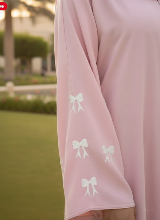 Pink Nida Abaya with Embroidered Sleeve Bow