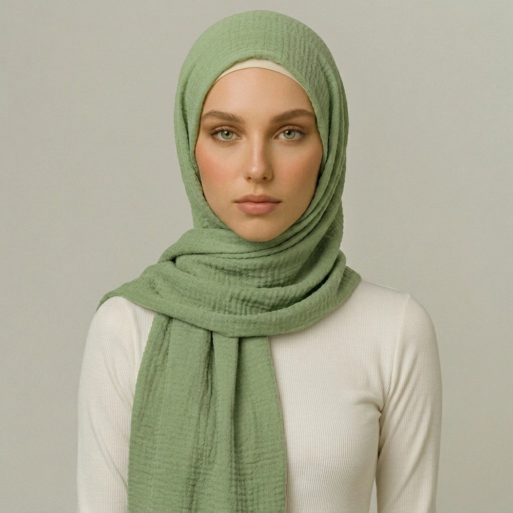 Pistachio Bloom Crimps Hijab in soft green textured breathable fabric