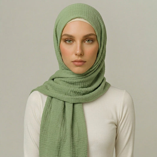 Pistachio Bloom Crimps Hijab in soft green textured breathable fabric