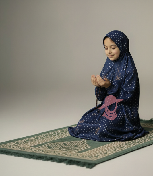 Blue Polka Dot Kids Namaz Chaddar for girls, sitting on prayer mat, comfortable and cute

