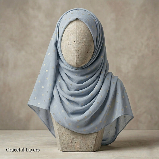 powder blue lawn hijab with gold floral foil breathable summer hijab pakistan
