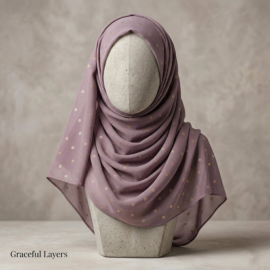 dusty mauve lawn hijab with gold floral foil breathable summer hijab pakistan
