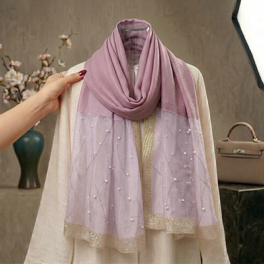 lavender pearl embellished organza hijab with soft pastel elegant drape for formal occasions
