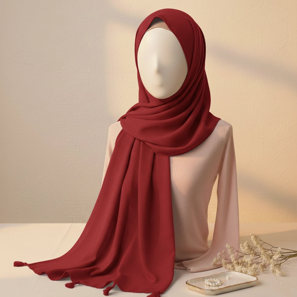 Red lawn tassels hijab lightweight breathable modest scarf with tassel edges Graceful Layers