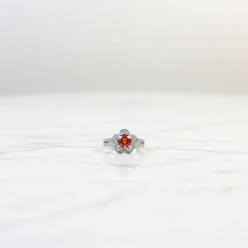 Ruby flower halo zircon silver adjustable statement ring with pavé band