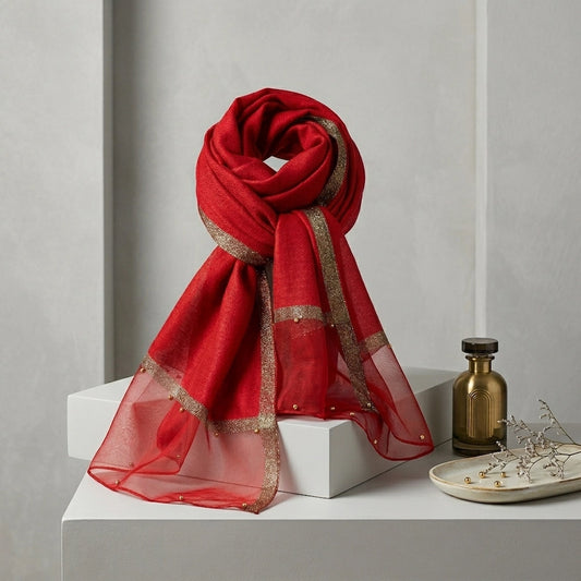 Red organza hijab with golden pearl embellishments luxury hijab Pakistan
