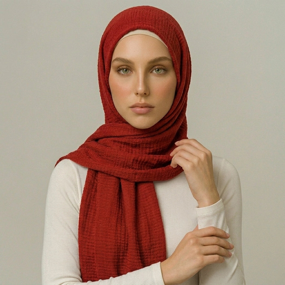 Red Crimps Hijab in textured breathable crimp fabric with elegant drape for modest fashion