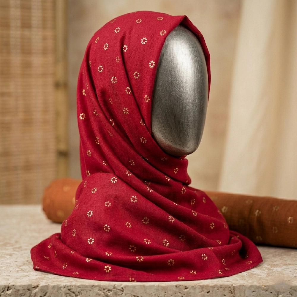 Ruby red lawn hijab with gold rectangle foil pattern lightweight summer hijab
