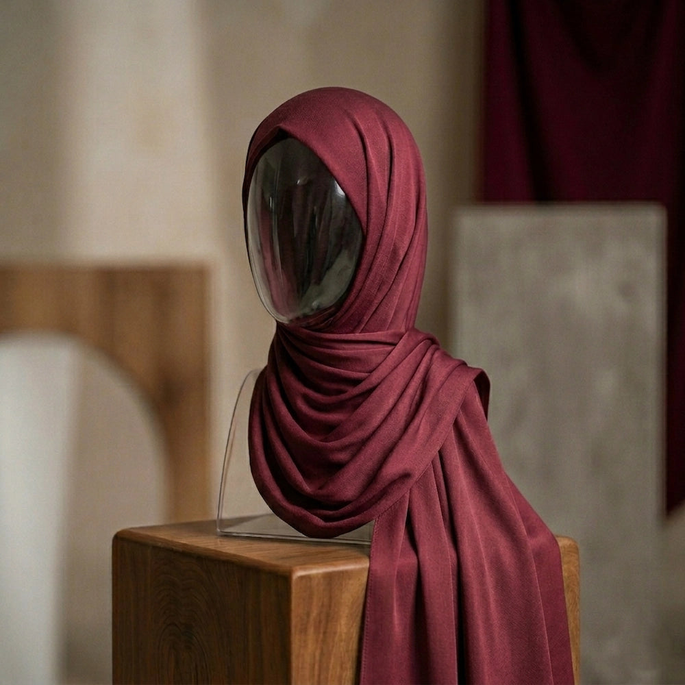 Red silk hijab with glowing finish bold elegant style
