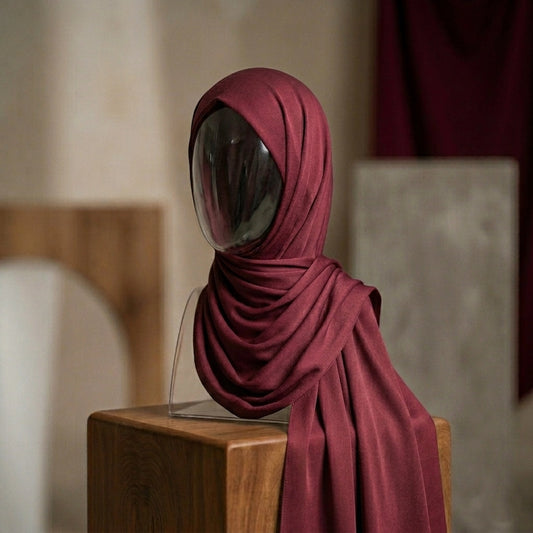 Red silk hijab with glowing finish bold elegant style
