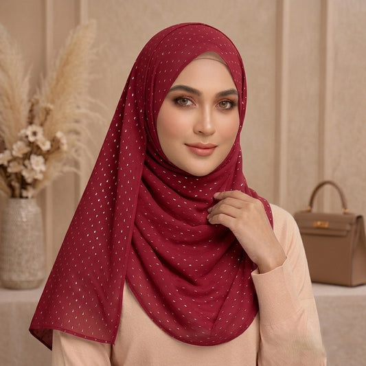 Red lawn hijab with golden rectangle bold elegant breathable hijab
