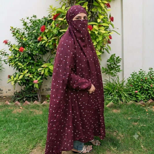 Maroon floral women's Namaz Chaddar with attached veil and elastic sleeves