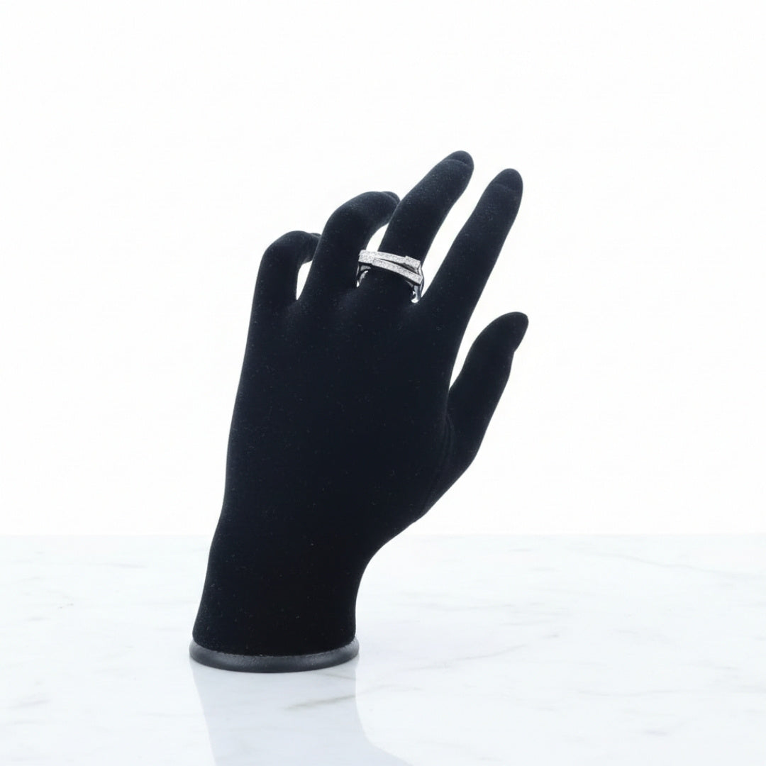 Silver double bar pavé ring with small zircon stones, modern minimalist style
