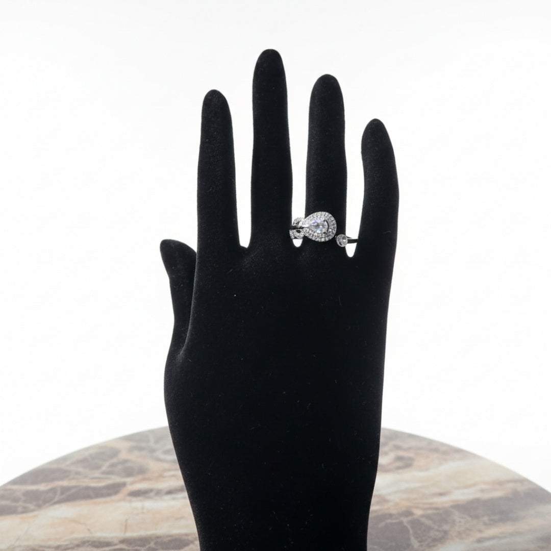 Pear-shaped halo zircon adjustable open band silver ring
