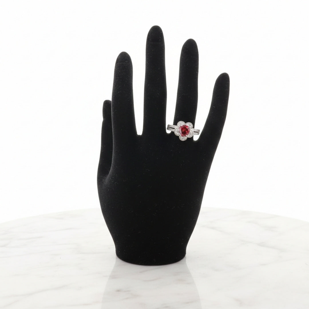 Ruby flower halo zircon silver adjustable statement ring with pavé band

