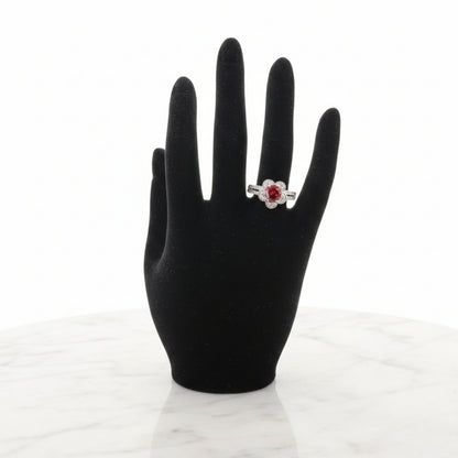 Ruby flower halo zircon silver adjustable statement ring with pavé band
