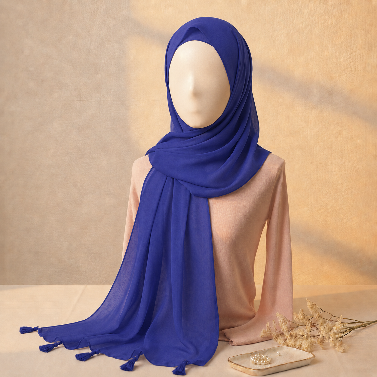 Royal blue lawn tassels hijab lightweight breathable modest scarf with tassel edges Graceful Layers