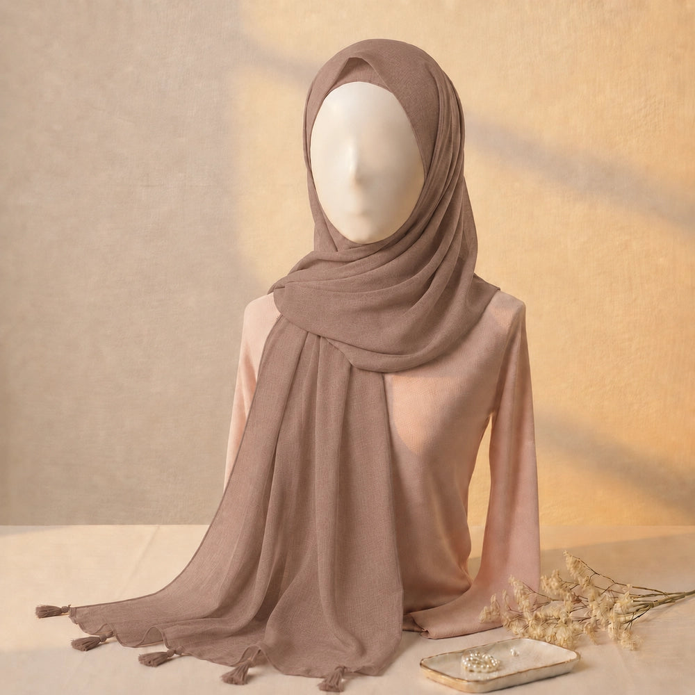 Soft mocha beige lawn tassel hijab with premium breathable lawn fabric and tassel border