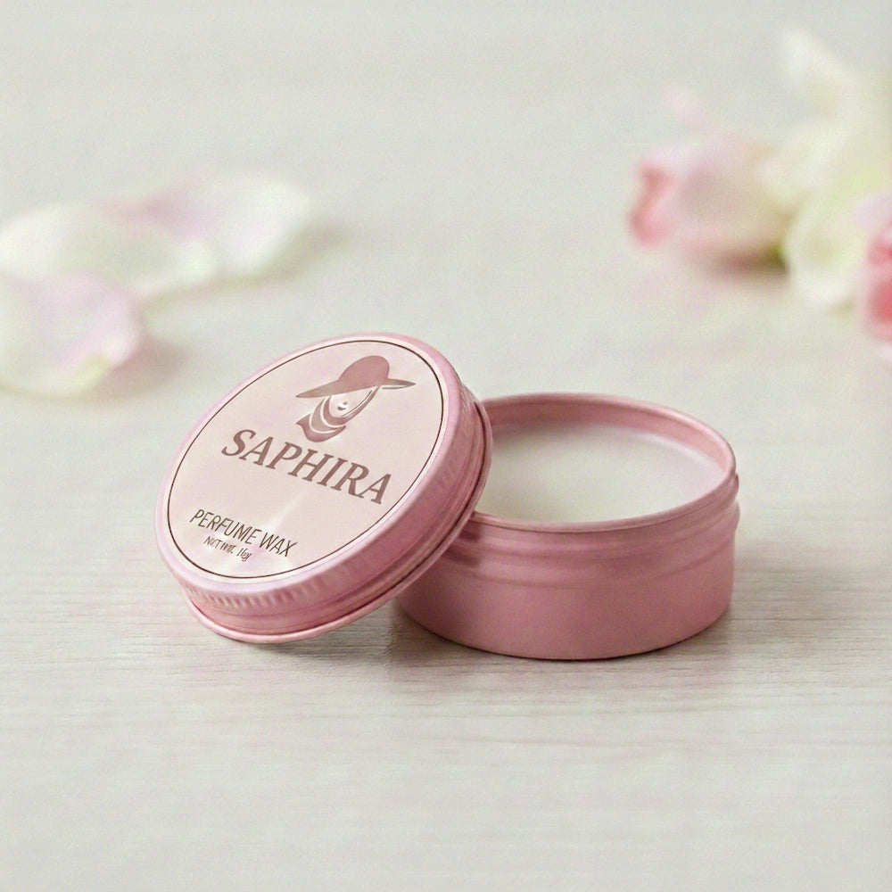 Saphira perfume wax tin pink 15g travel-friendly
