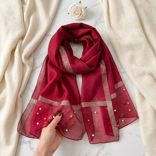 Luxury scarlet organza hijab with pearl embellishments and metallic border from Imperial Pearl Organza collection
