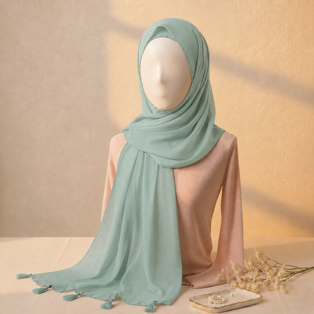 Sea foam lawn tassel hijab in breathable lightweight lawn fabric