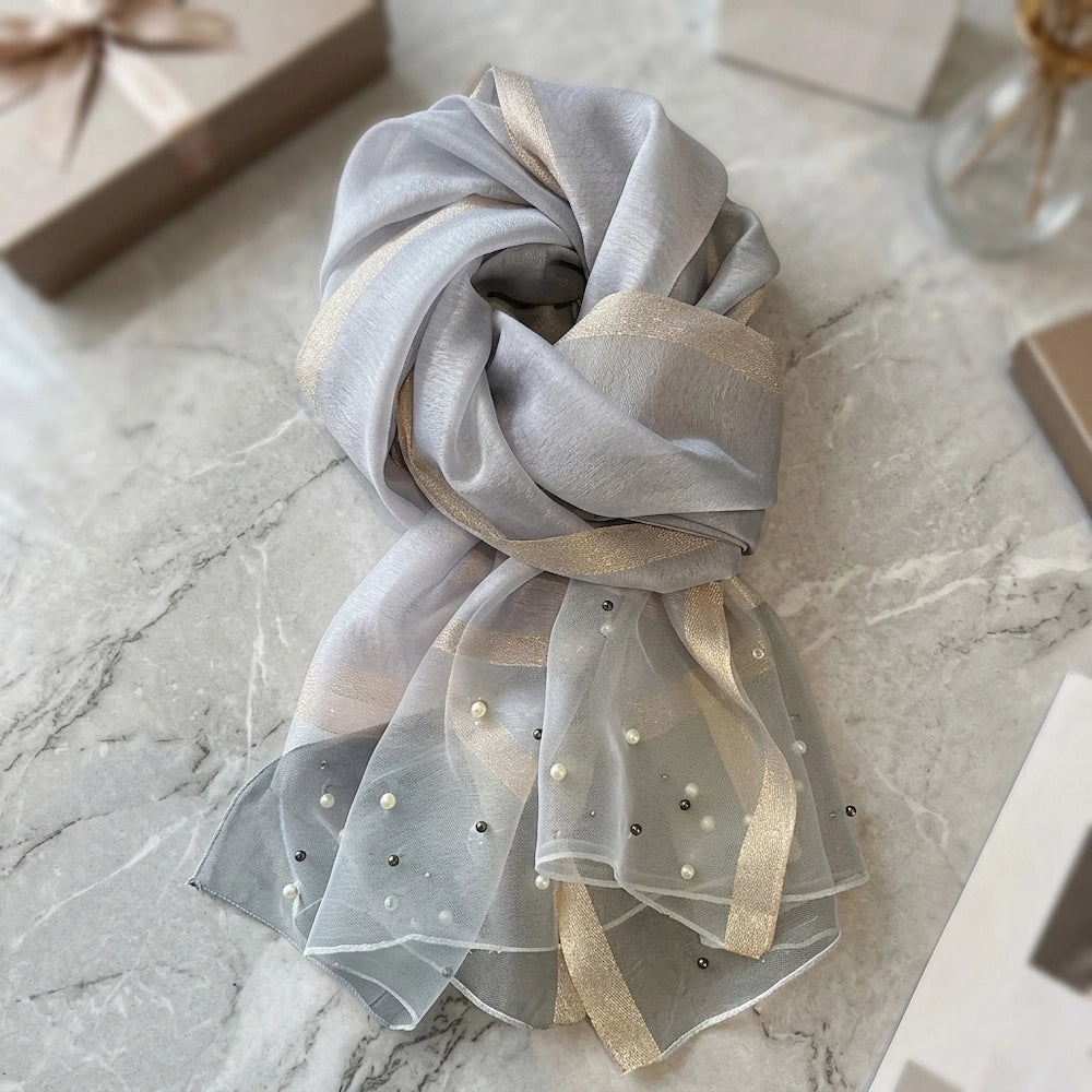 Silver organza hijab with pearl embellishments and metallic border from Imperial Pearl Organza hijab collection
