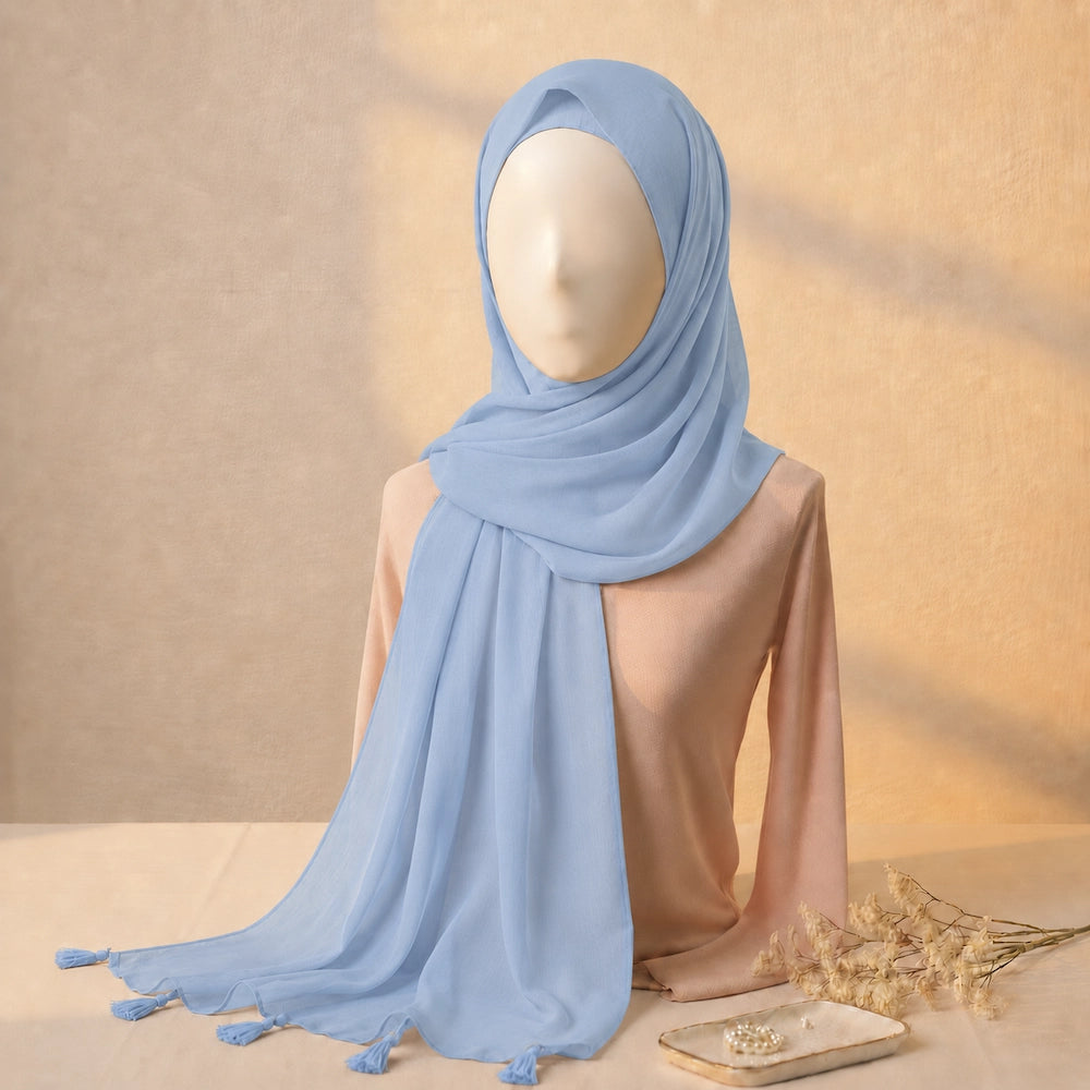 Sky blue lawn tassel hijab with lightweight breathable fabric and tassel border