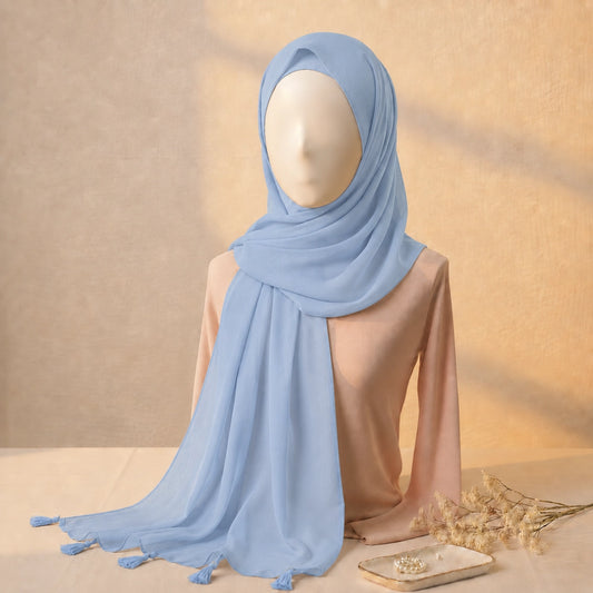 Sky blue lawn tassel hijab with lightweight breathable fabric and tassel border