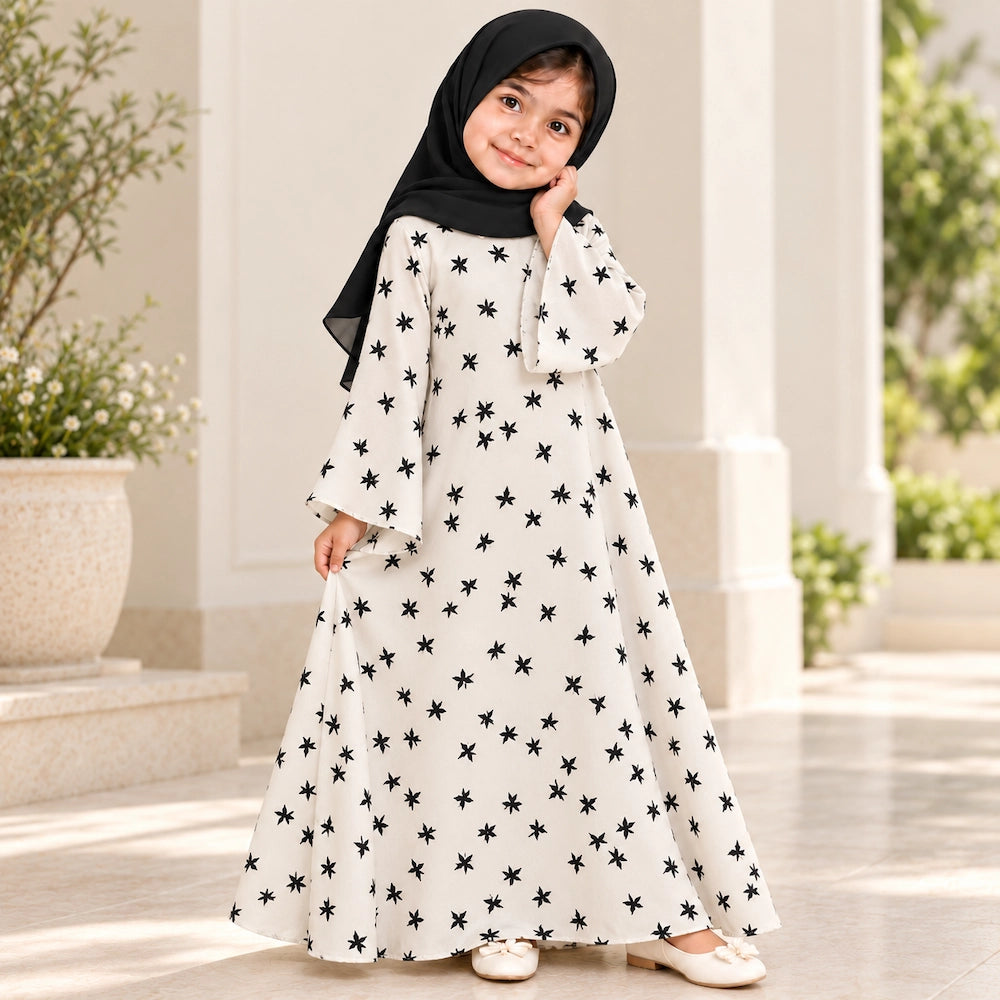 Girl wearing an ivory abaya with scattered black stars, wide bell sleeves and a flared umbrella-style hem, paired with a black hijab.