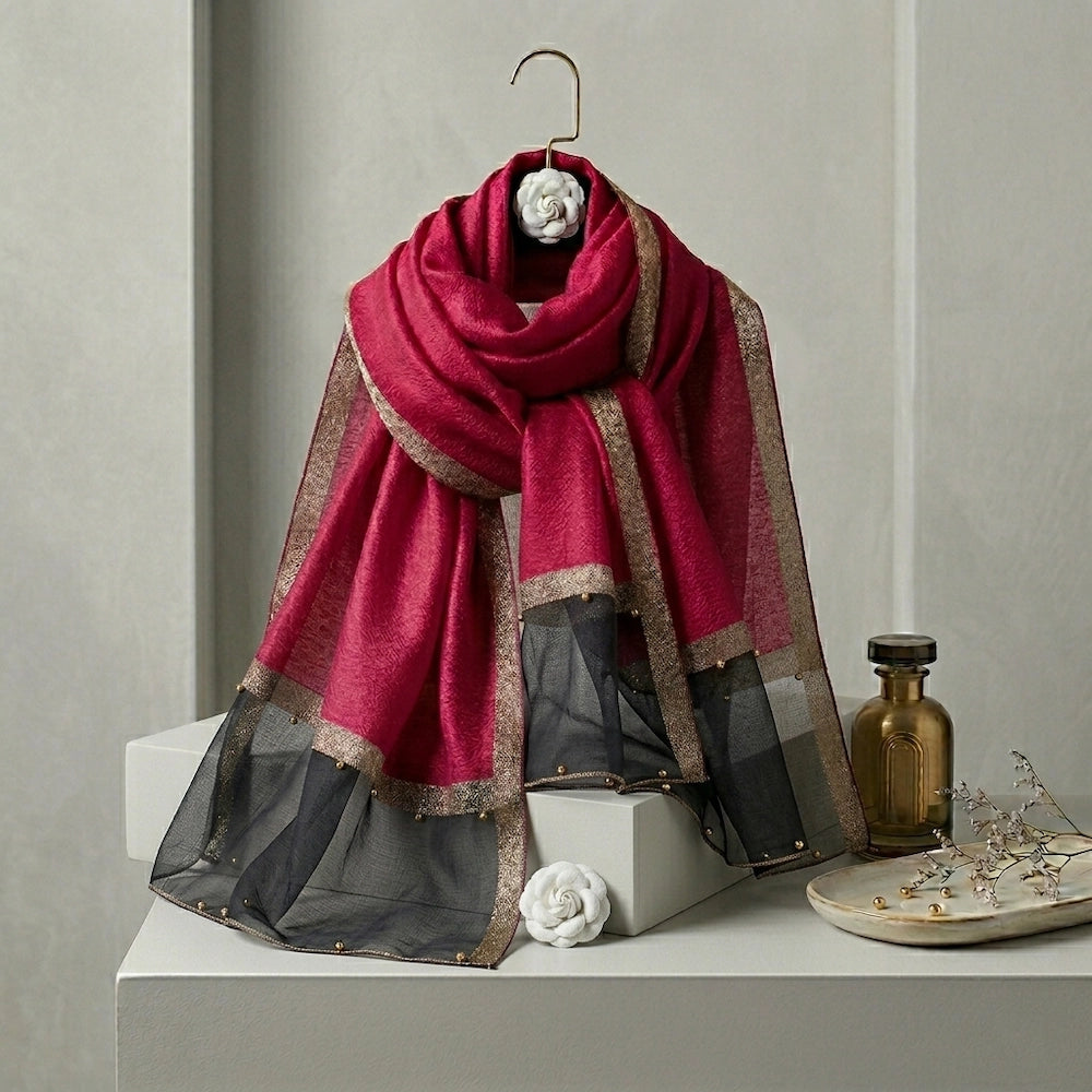 Watermelon red organza hijab black border gold pearl hijab Pakistan
