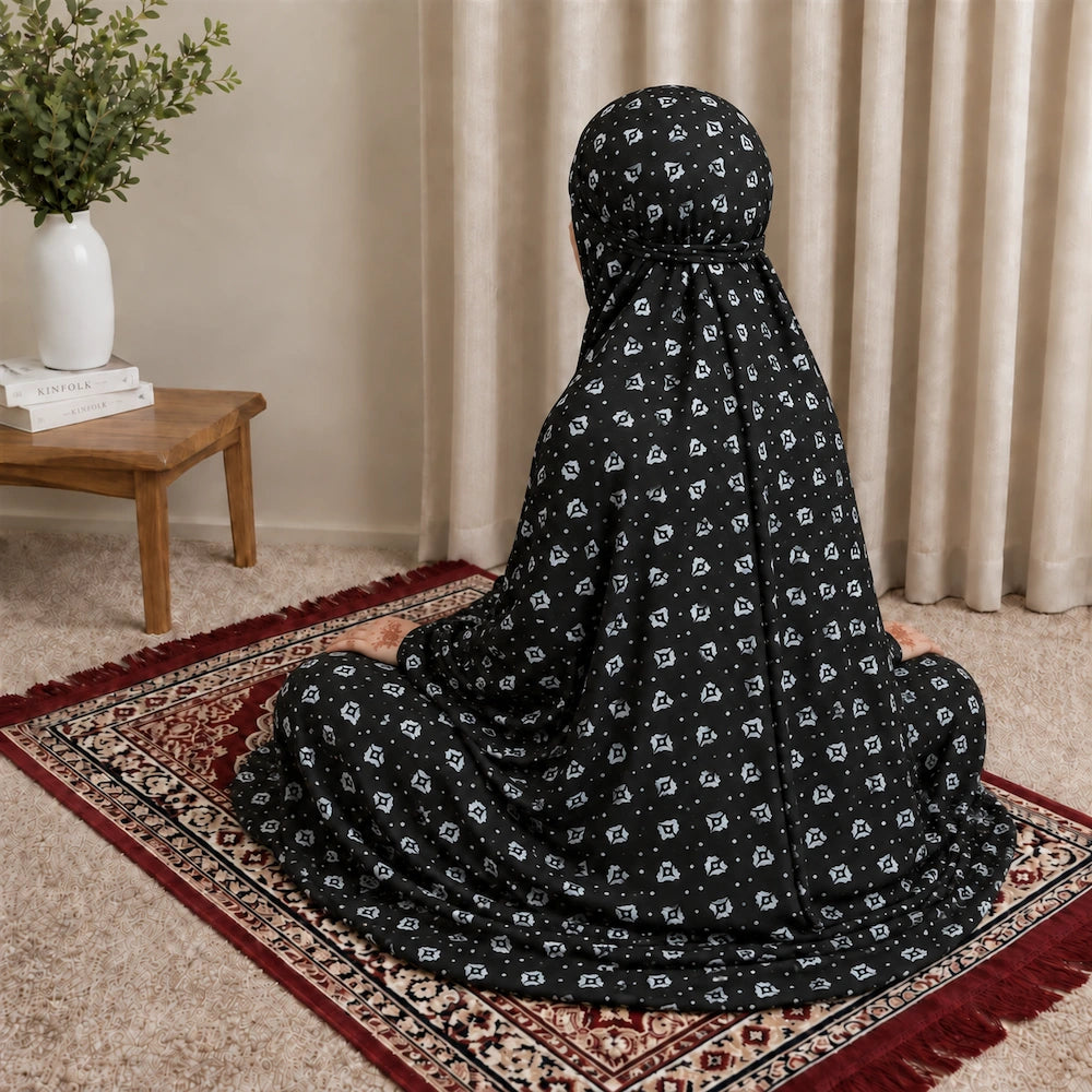 Charcoal black women's Namaz chaddar with white printed motifs and built-in veil
