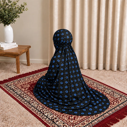 Navy blue printed kids Namaz chaddar age 7 to 12 with royal blue pattern