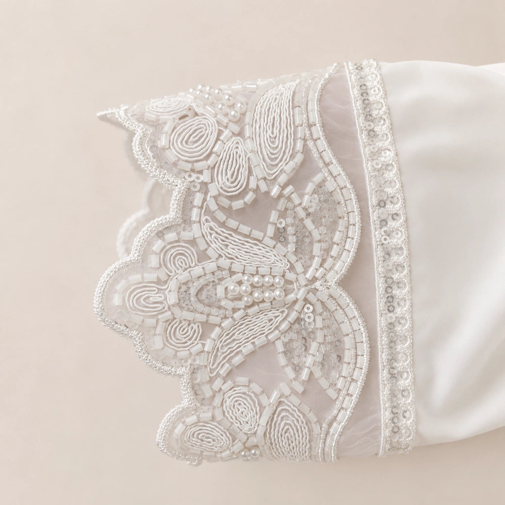 Pure white georgette abaya with hand embroidered pearl cuffs and hidden front button patti  