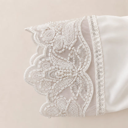 Pure white georgette abaya with hand embroidered pearl cuffs and hidden front button patti  