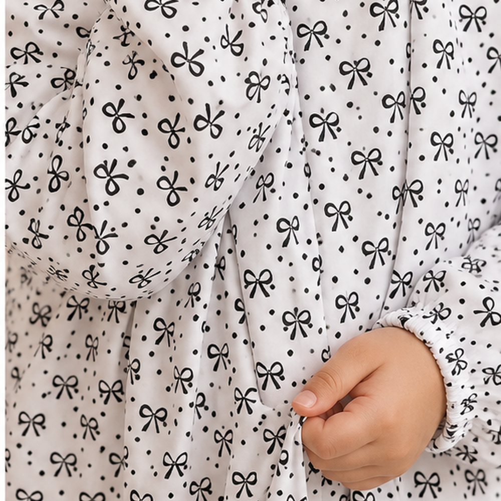 White Printed Kids Namaz Chaddar for Girls with Attached Veil and Elastic Sleeves