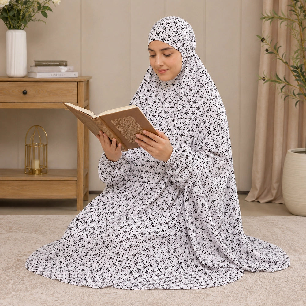 White Printed Namaz Chaddar for Women with Built In Veil and Elastic Sleeves