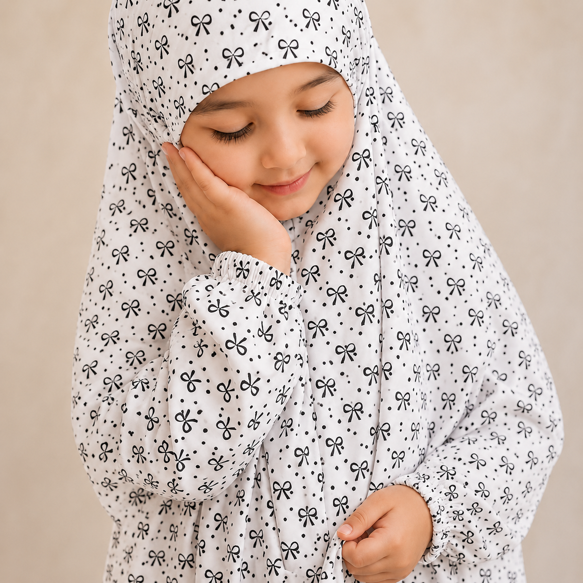 White Printed Kids Namaz Chaddar for Girls with Attached Veil and Elastic Sleeves