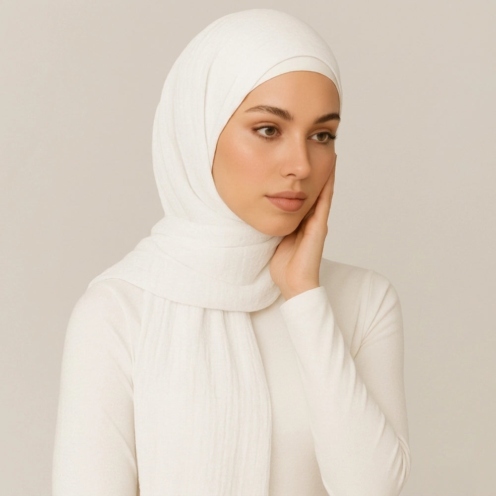 White Crimps Hijab in breathable textured crinkle fabric for modest styling and everyday wear