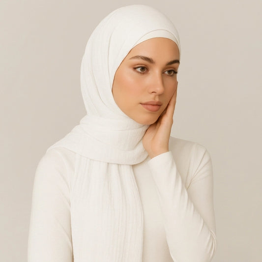 White Crimps Hijab in breathable textured crinkle fabric for modest styling and everyday wear