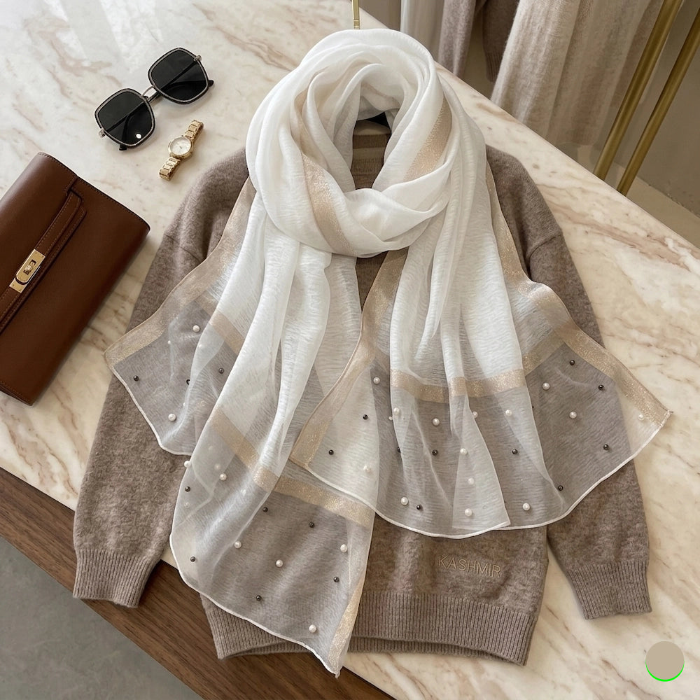 Milk white organza hijab with pearl embellishments and metallic border from Imperial Pearl Organza hijab collection
