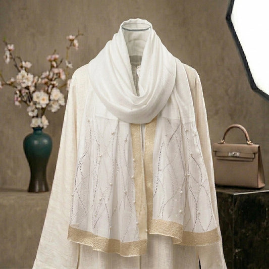 white pearl embellished organza hijab with elegant sheer drape perfect for bridal and nikah wear
