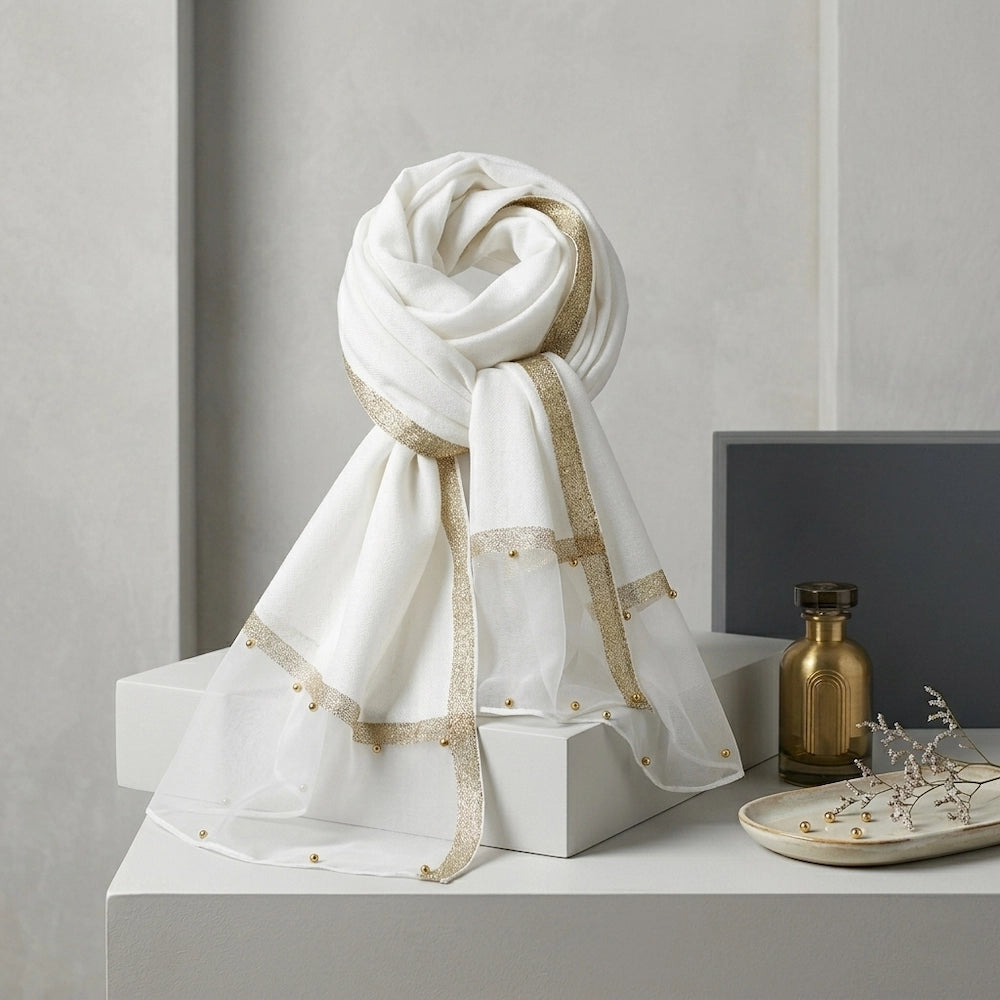 White organza hijab with golden pearl embellishments luxury hijab Pakistan
