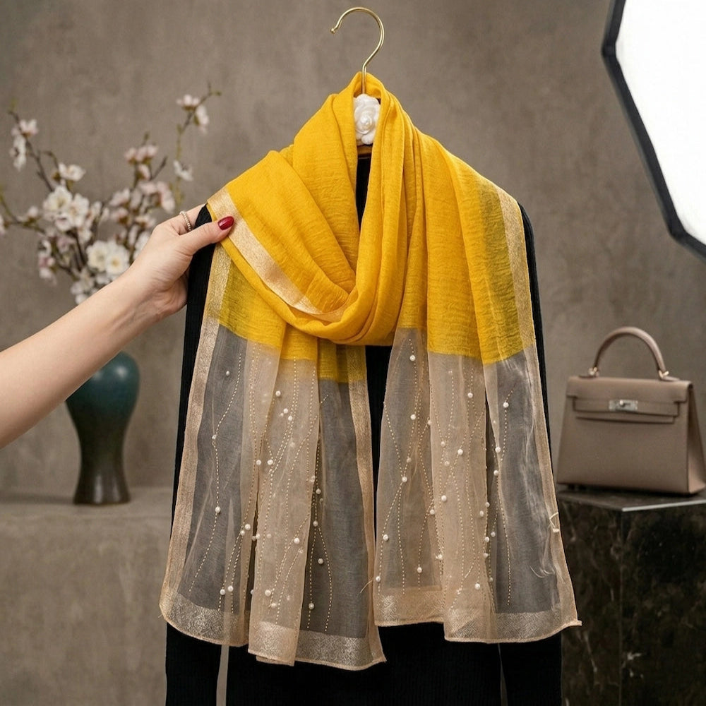 Yellow pearl embellished organza hijab for Eid and festive daytime wear
